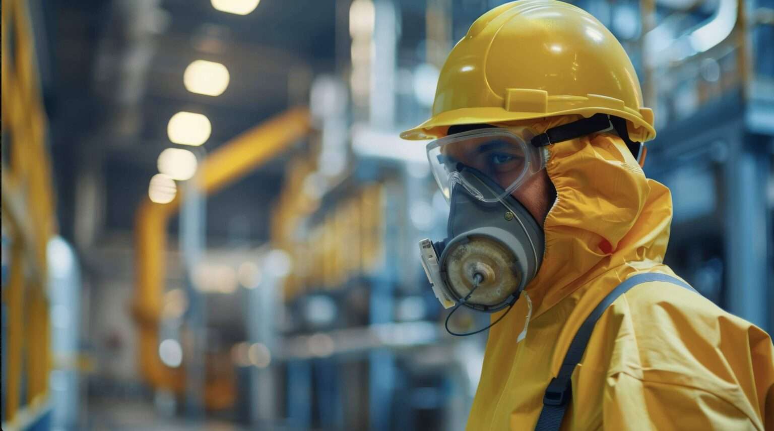Factory worker wearing a protective mask on the production floor