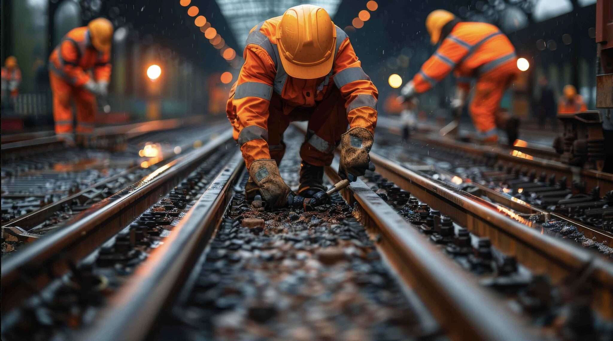 Rail line maintenance crew at work on the track
